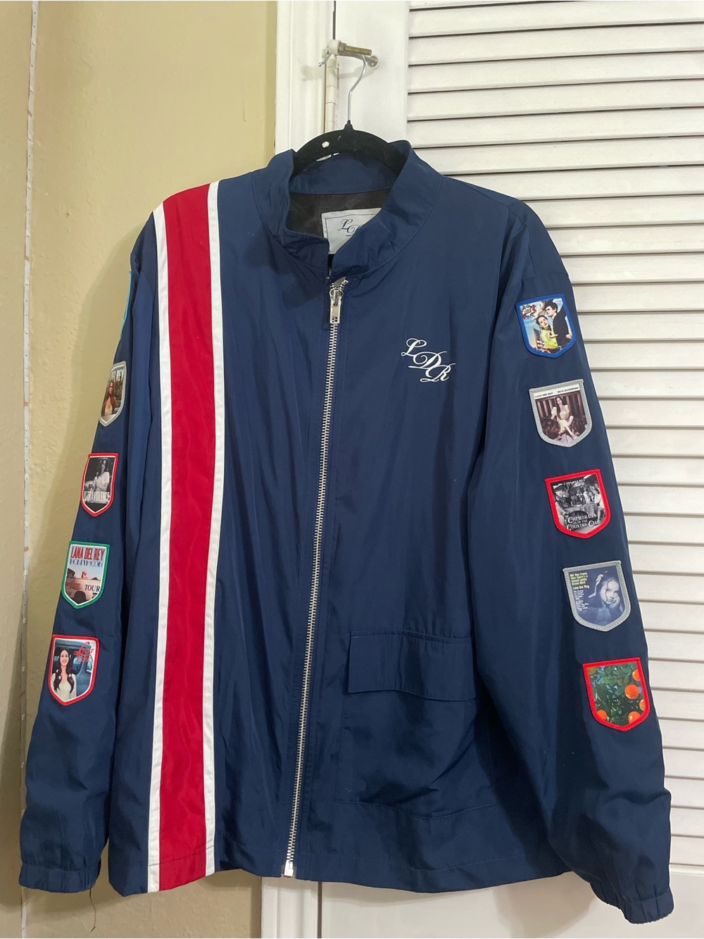 Lana Del Rey Racing Jacket with Red & White Stripe and album patches